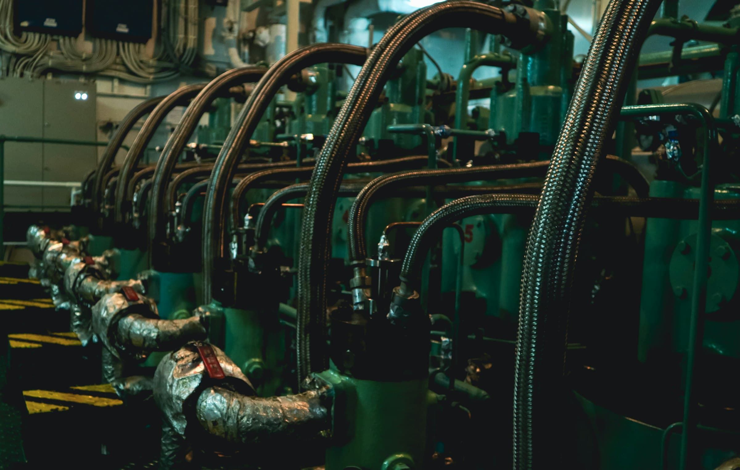 Cylinder units and braided fuel lines of a large dual-fuel marine engine in an engine room